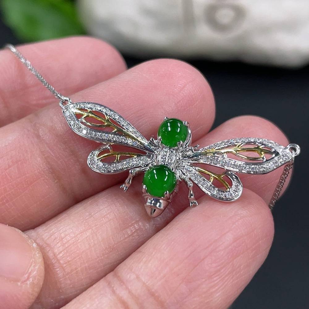 Huiliu Jadeite cabochon pendant necklace with diamond accents, showcasing a polished green jade stone on a delicate chain.