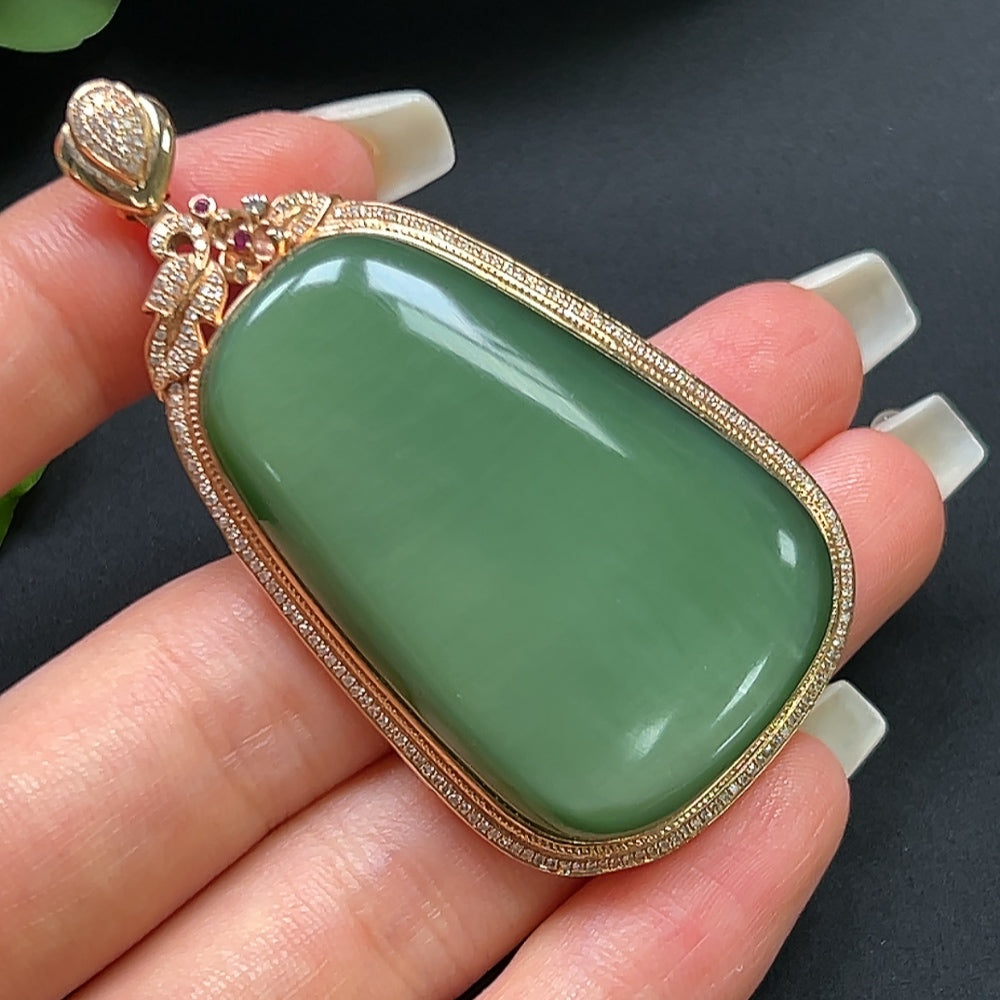Hetian Jade plain pendant with 18K gold and diamond inlay, elegant necklace featuring smooth jade and sparkling accents.