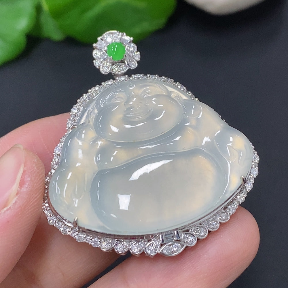 Jadeite Buddha Pendant Set in 18K Gold, Total Weight Approx. 18.2g (with Diamond Accents)