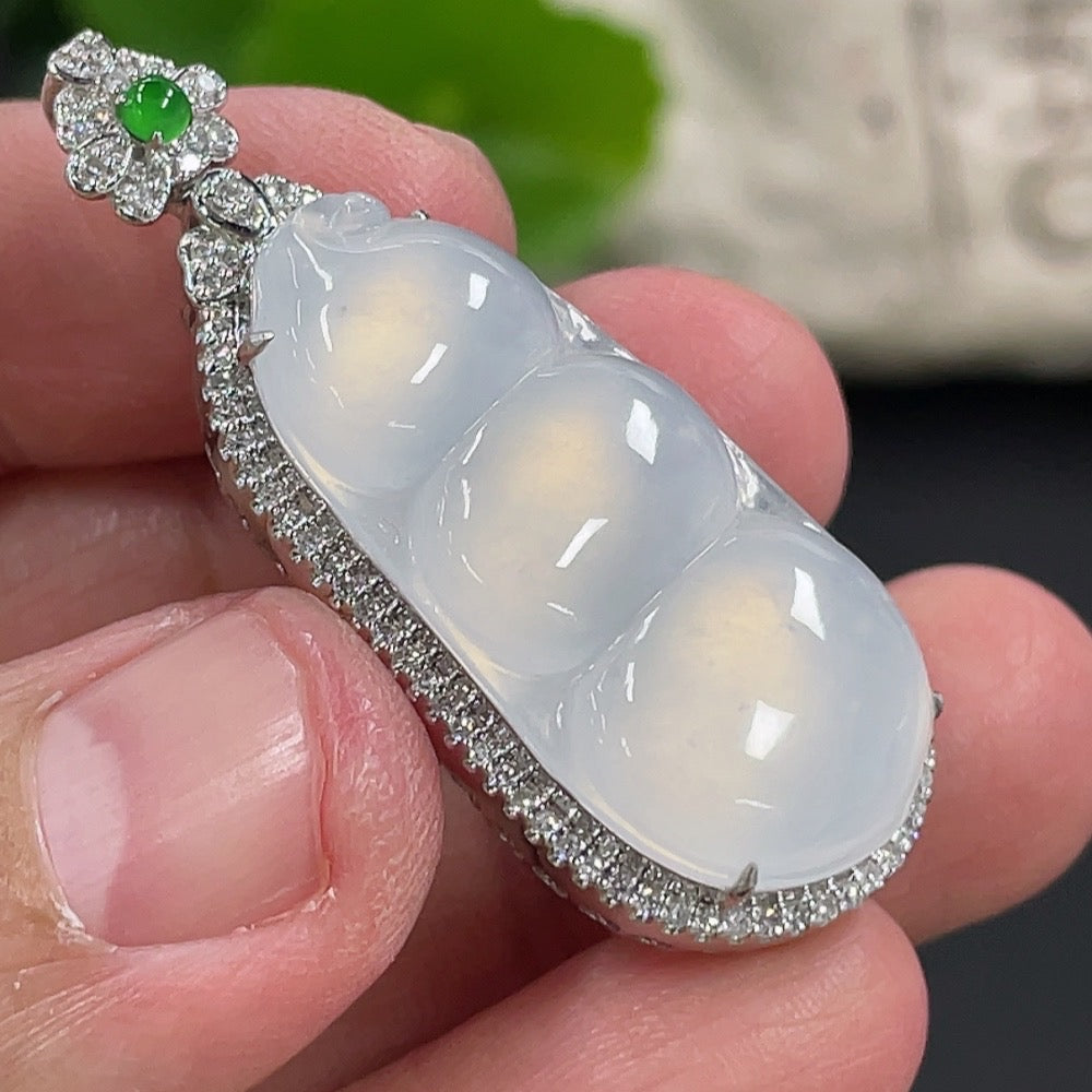 Jadeite Blessing Bean Pendant in 18K Gold, Total Weight Approx. 7.4g (With Diamond Accents)