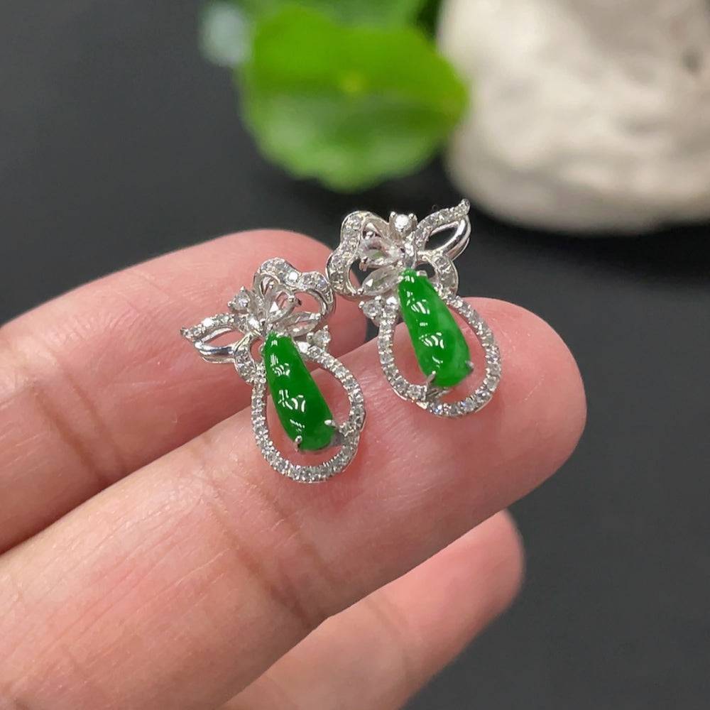 Huiliu Jadeite Lucky Bean earrings pair with diamond accents, featuring green jade stones and small sparkling diamonds.