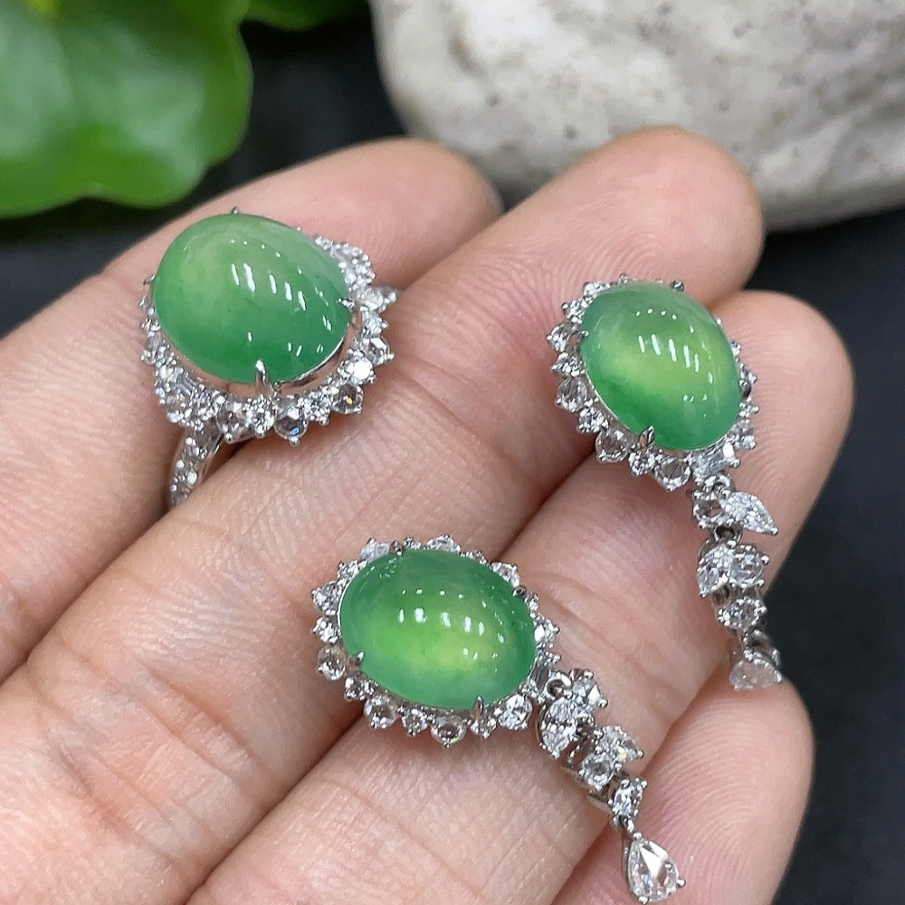 Jadeite Cabochon Earrings/Ring 18K Gold Setting Size 14 Total Weight Approx. 9.76g Wholesale Lot