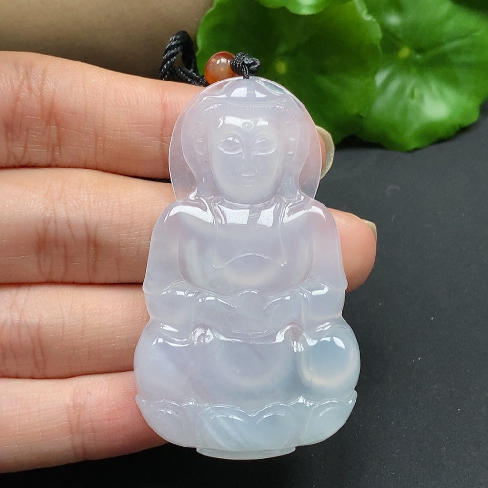 Jadeite Guanyin pendant necklace weighing approximately 20.56g, featuring detailed carved figure, from HKHQ.