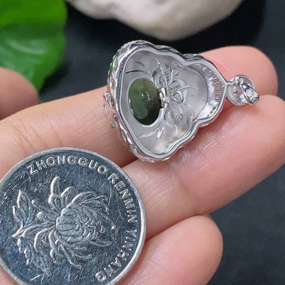 HUILIU HQ jadeite Buddha pendant set with diamond accents, featuring a carved jade Buddha figure on a string, elegant and authentic.