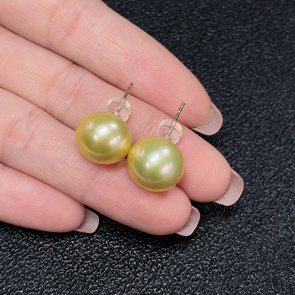 HUILIU HQ seawater pearl earrings with 12.6mm pearls in 18K gold color, weighing approx. 5.54g, natural and elegant design