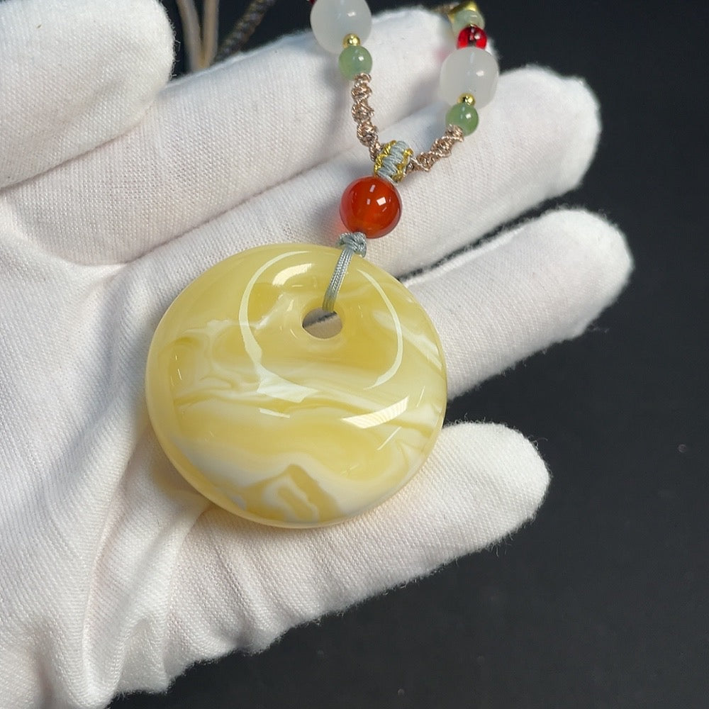 Amber Beeswax Pendant with Non-Natural Gemstones, Non-Gold