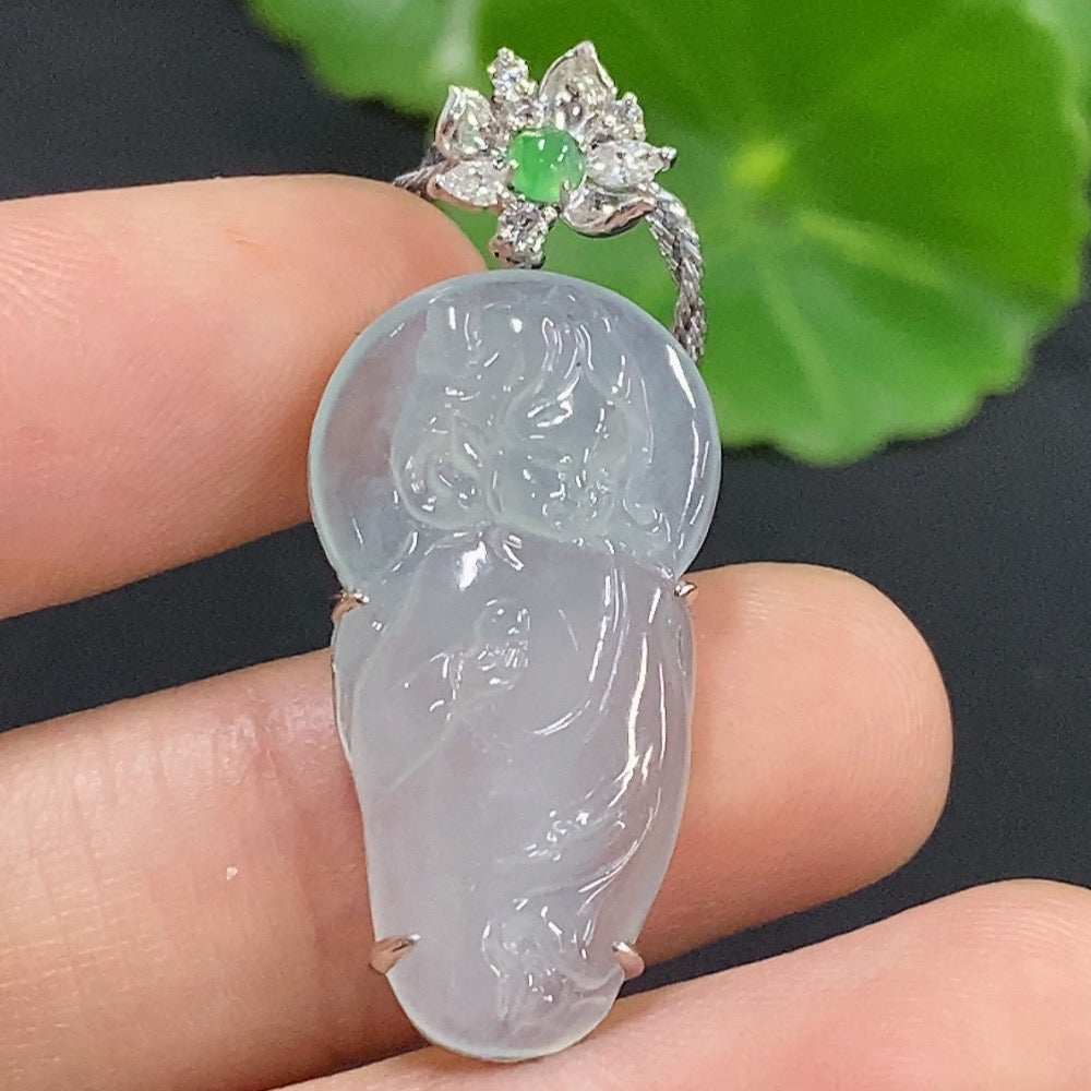 Jadeite inlaid pendant with 18K gold setting, HKHQ brand, showcasing a green jade stone on a neutral background.