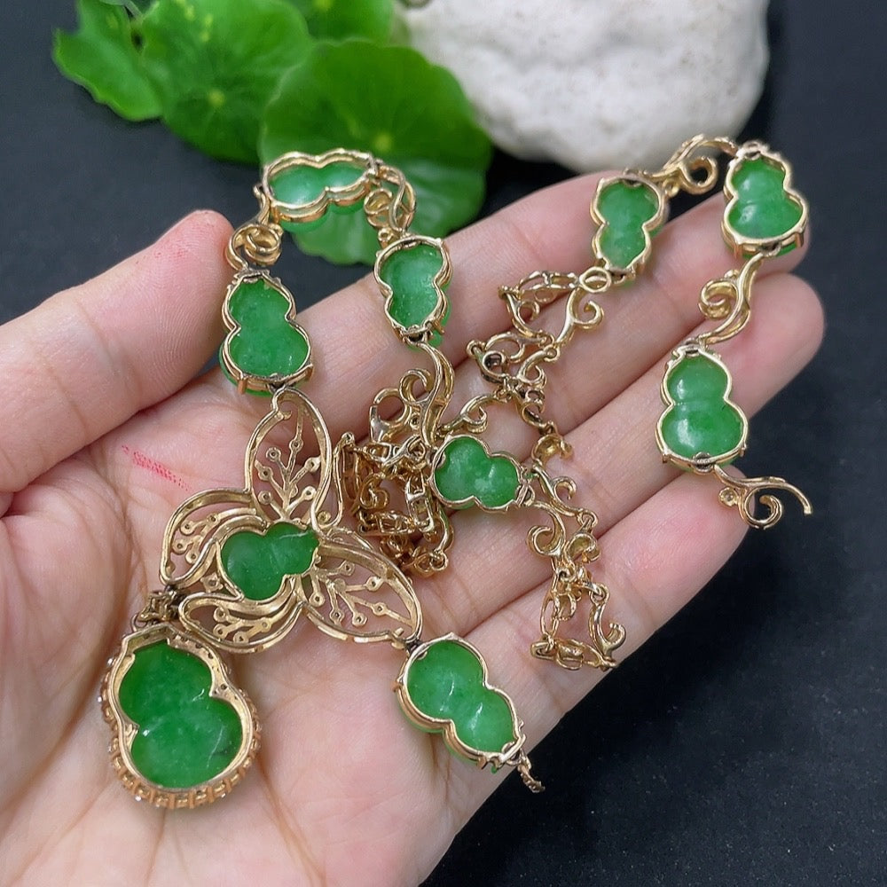 Jadeite Inlaid Gourd Necklace 18k with Diamond Accents Total Weight Approx. 31.29g