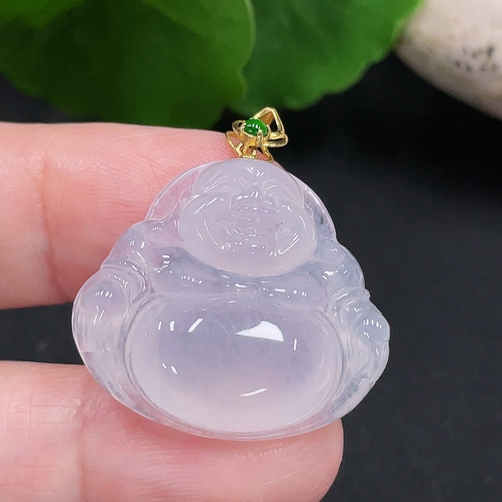 Huiliu certified jadeite Buddha pendant featuring intricate carving, showcasing a smooth, polished jade surface and detailed Buddha figure.