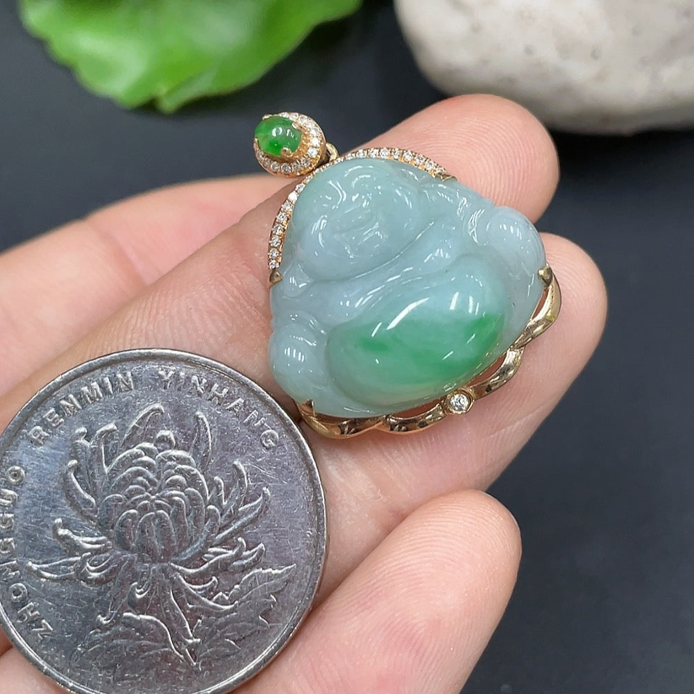 Jadeite Buddha Pendant Set in 18K Gold, Total Weight Approx. 4.69g