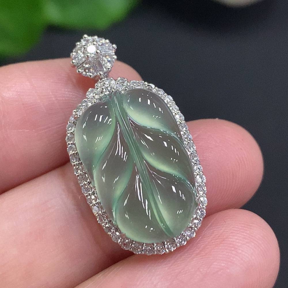 HUILIU HQ jadeite leaf inlaid pendant with diamond accents, featuring intricate jade jewelry craftsmanship.
