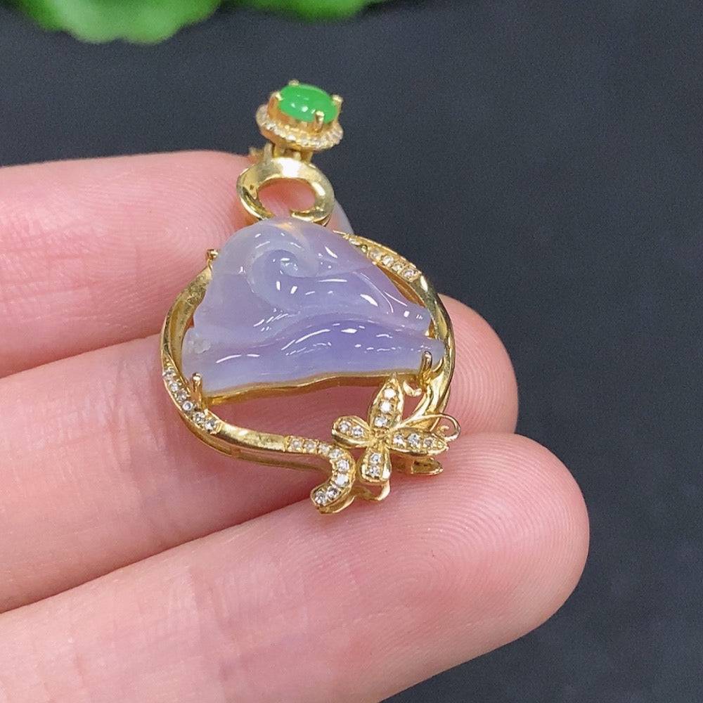 Jadeite freeform pendant with diamond accents, set in 18k gold, by HUILIU HQ, showcasing intricate inlaid design and natural jade color.