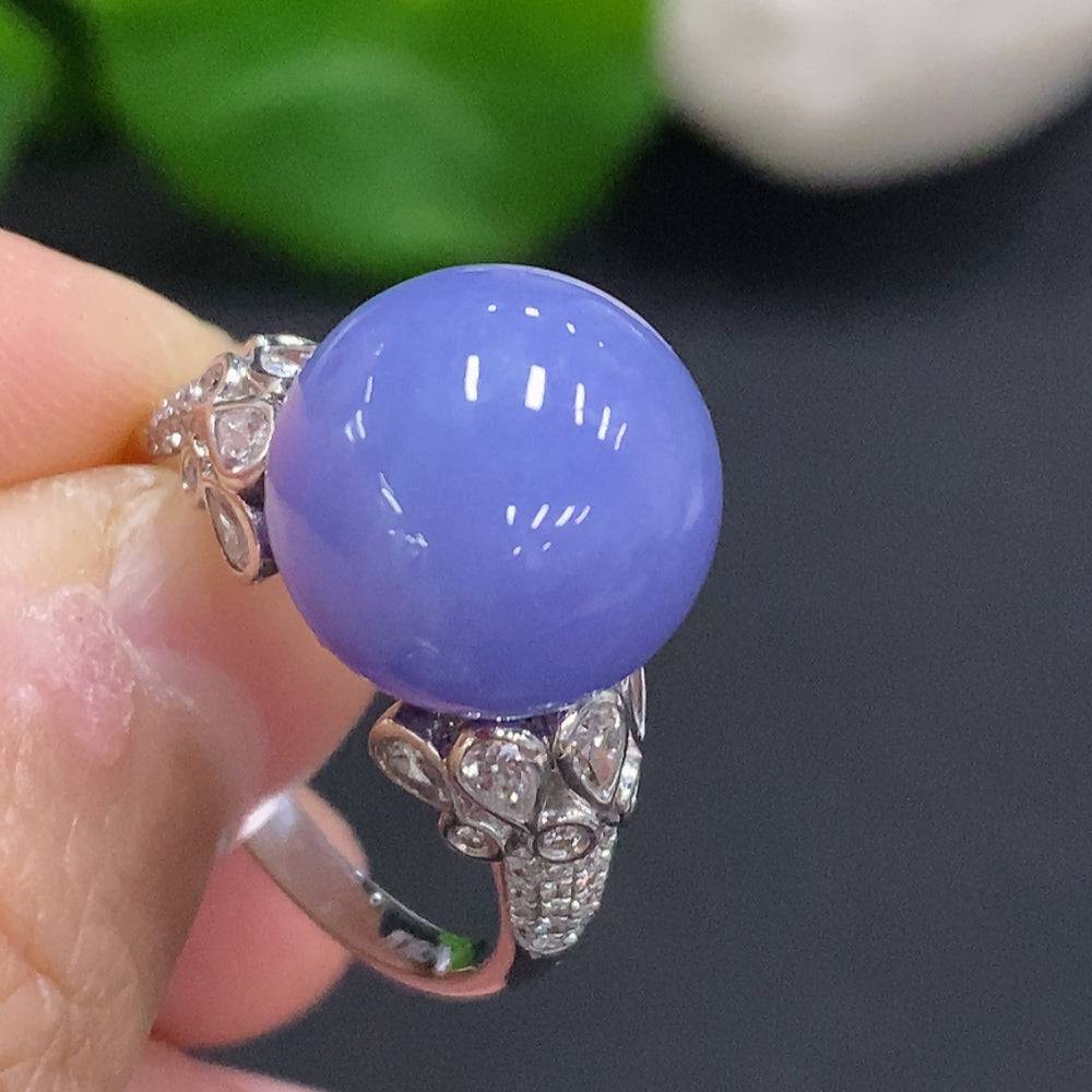 HUILIU HQ jadeite inlaid ring with 18K gold, 12mm jade stone, diamond accents, size 16, weight 6.8g, detailed close-up image