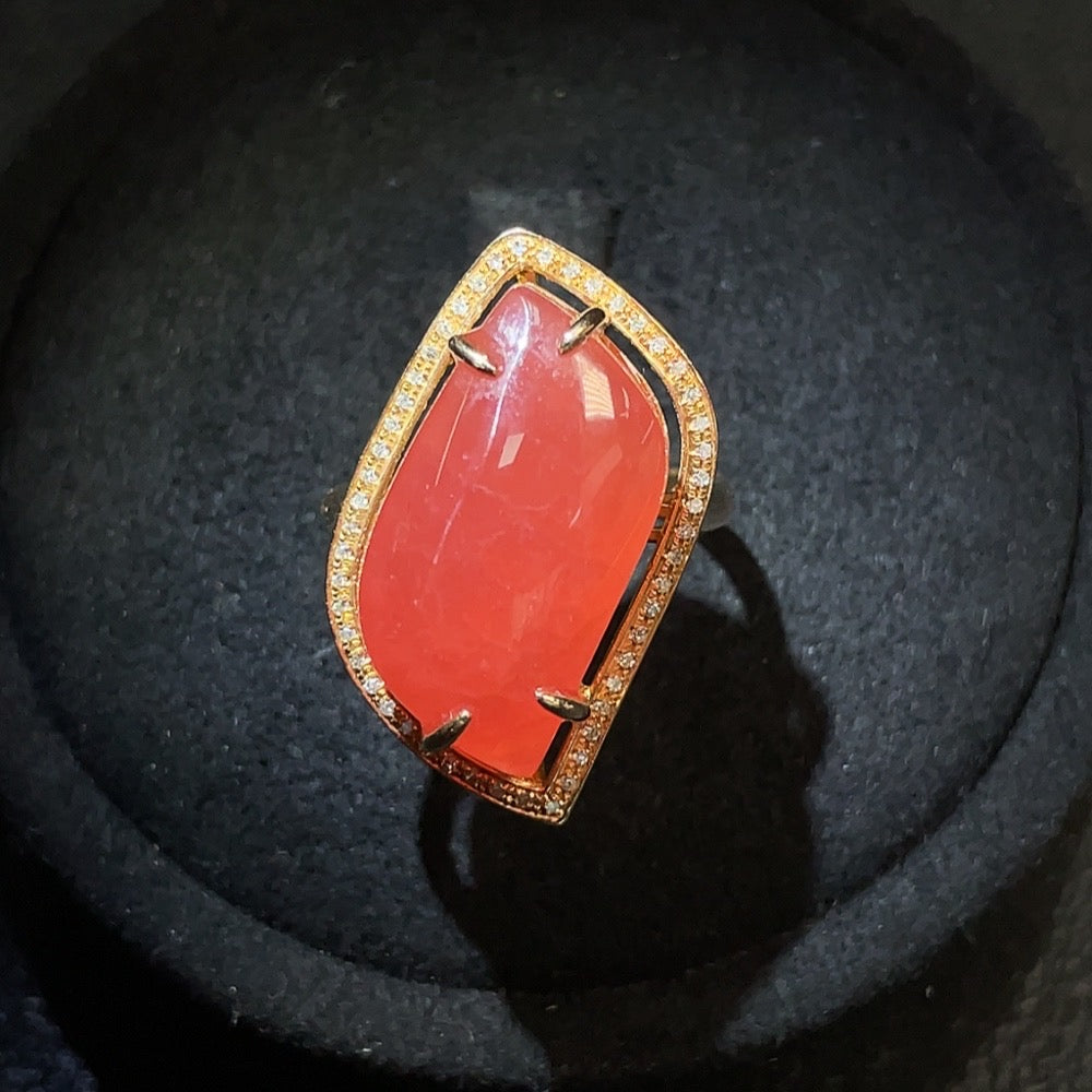 Rhodochrosite Inlaid Ring . with Diamond Accents | Huiliu Certified