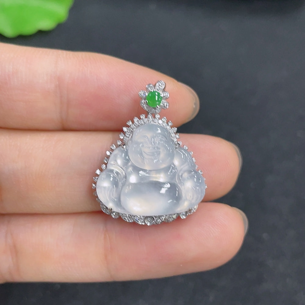 Jadeite Buddha pendant with 18k gold accents and diamond details, weighing approximately 4.79g, crafted by HKHQ.