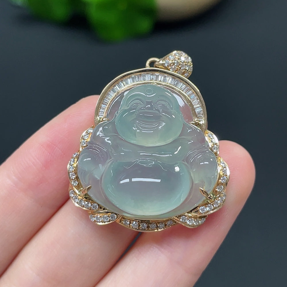 Jadeite Buddha Pendant with 18k Gold and Diamond Accents, Total Weight Approximately 11.47g