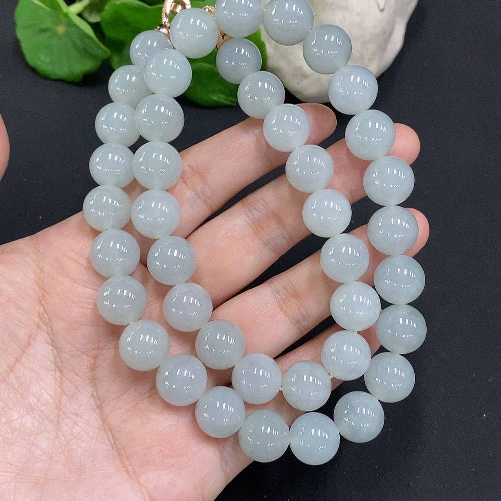 HUILIU HQ jadeite beaded necklace with 11.9mm jade beads, non-gold, weighing approximately 131.5g, shown against a neutral background.