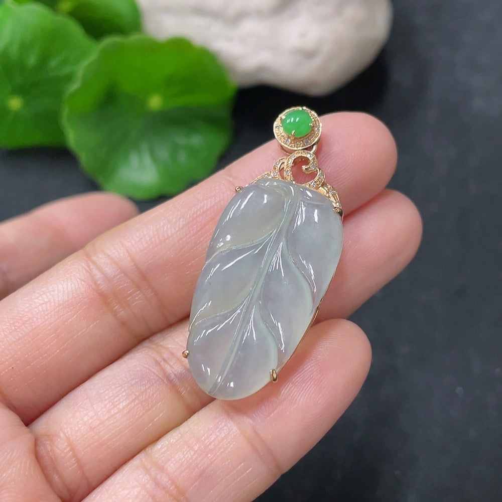 Jadeite Leaf Pendant with and Diamond Accents, Approximately | Huiliu Certified