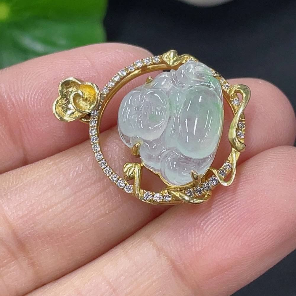 Jadeite Buddha pendant with 18k gold and diamond accents, featuring intricate inlay work, crafted by HUILIU HQ.