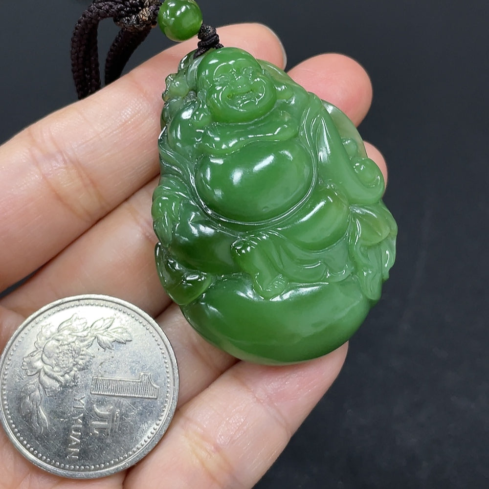 Hetian Jade Jasper pendant necklace featuring a Buddha charm, approximately 37.4g, with beads excluding Hetian Jade, by HKHQ.