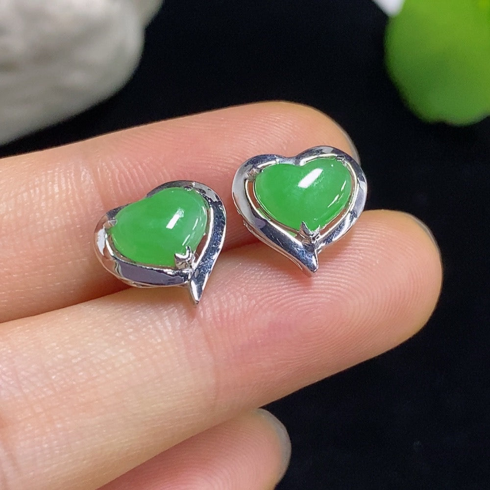 Jadeite heart earrings with mixed gold components, HKHQ jewelry featuring elegant, handcrafted design and vibrant green stones.
