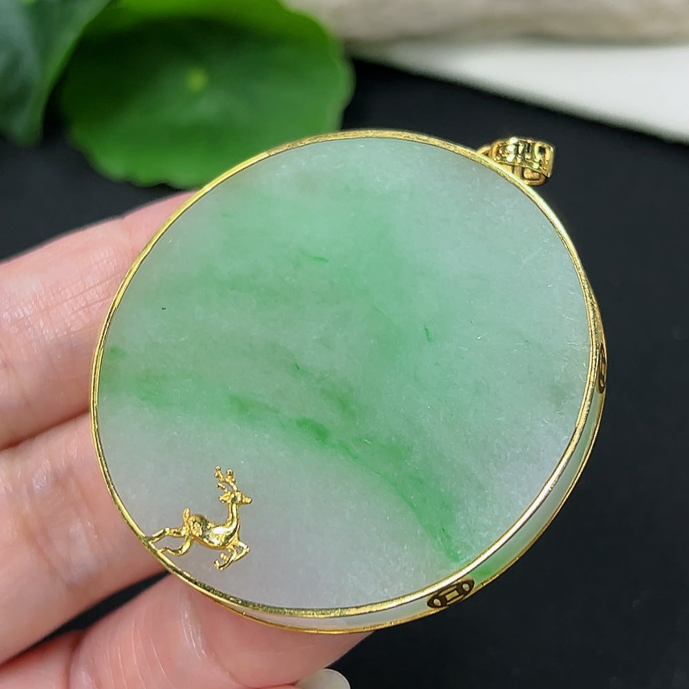 Jadeite plain pendant necklace with 18K gold setting, HKHQ brand, featuring a smooth jade pendant on a gold chain.