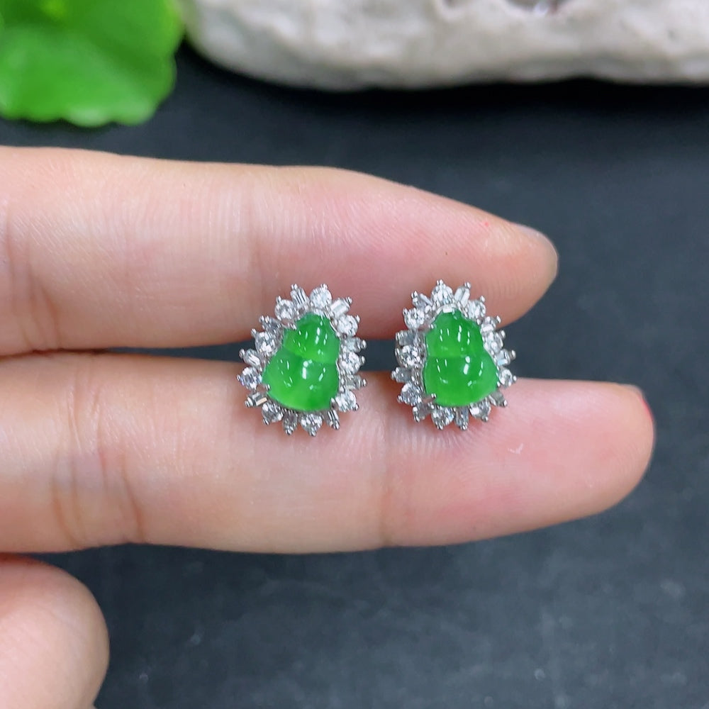 HKHQ jadeite earrings featuring smooth, polished green jade stones with silver-tone hooks, showcasing elegant jewelry design.