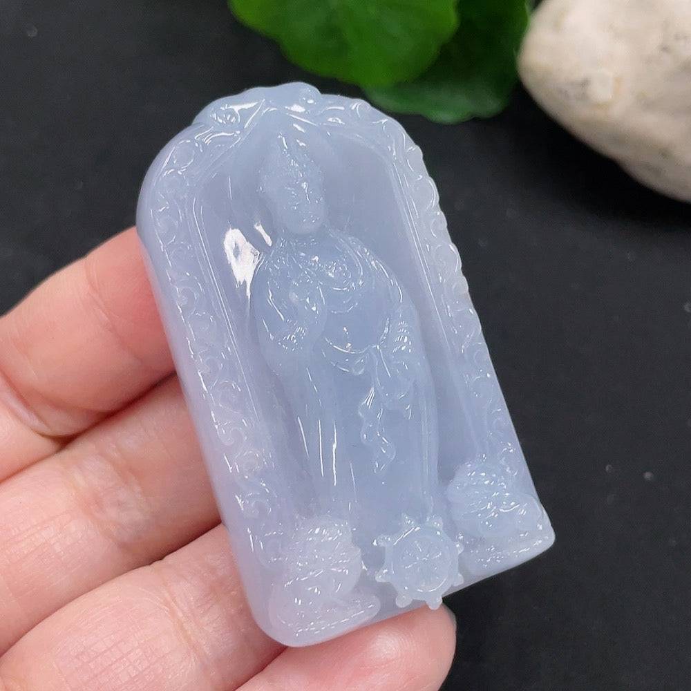 Jadeite Guanyin pendant from HUILIU HQ, intricately carved, weighing approximately 45.2g, showcasing detailed craftsmanship.