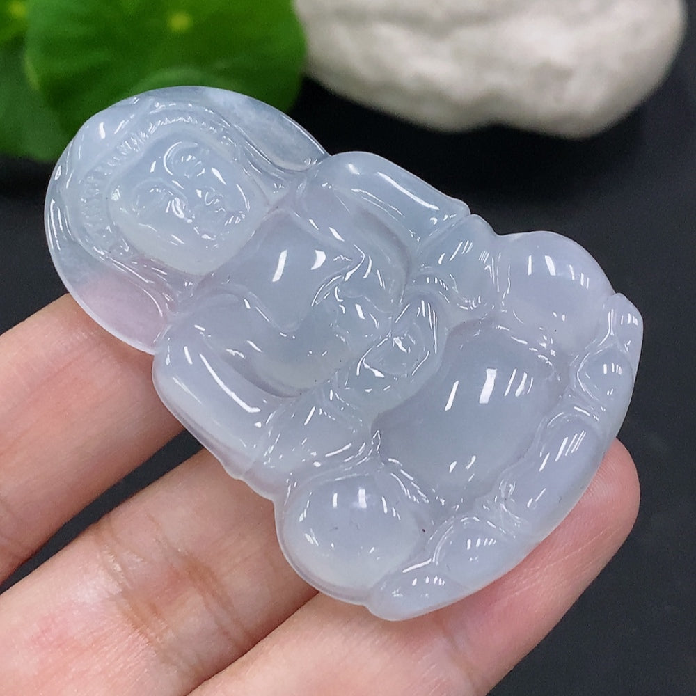 Huiliu Jadeite Guanyin pendant, carved jade religious jewelry, detailed figure with certification mark visible.