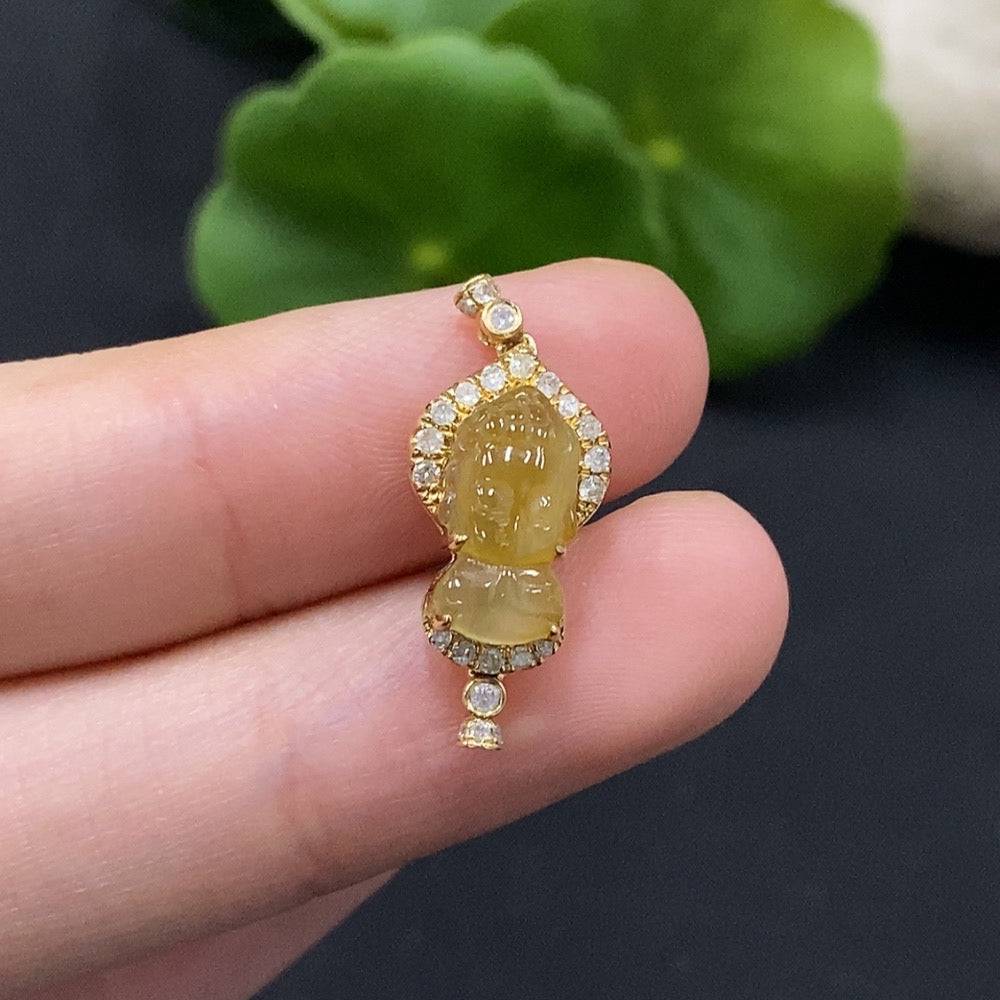 HUILIU HQ jadeite baby Buddha pendant with diamond accents, inlaid design, no hallmark, tested content, approximately size