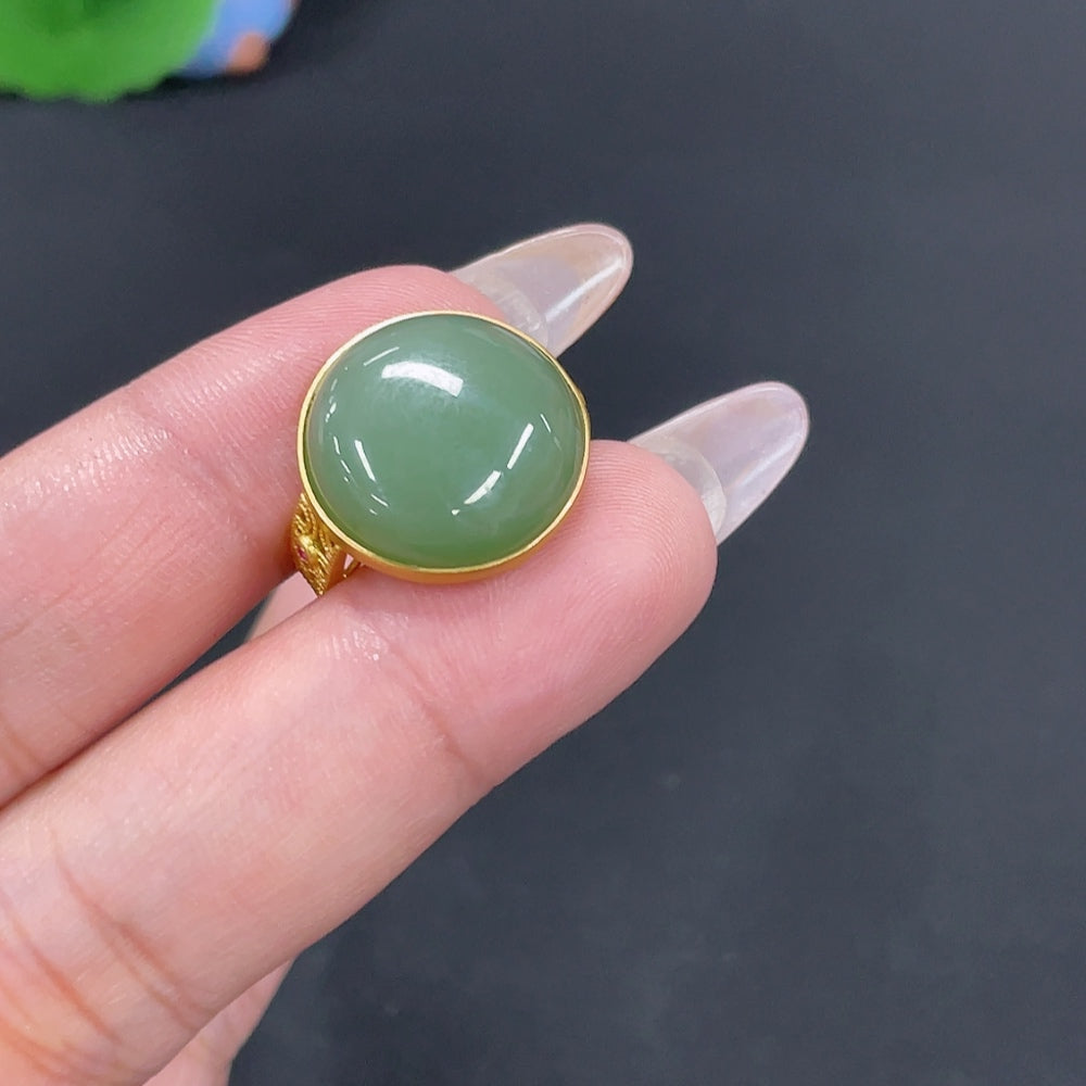 Hetian Jade Inlaid Ring Size 14.5 Total Weight Approx.5.1g 18k