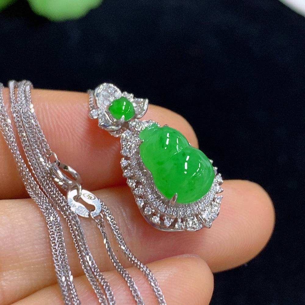 HUILIU HQ jadeite gourd pendant with diamond accents on chain, featuring intricate inlay work and polished jade surface.