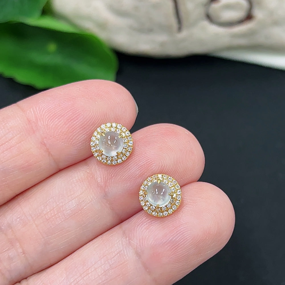 HKHQ jadeite earrings pair with diamond accents, 18K gold, no imprint, total weight approx. 1.1g, elegant jewelry for women