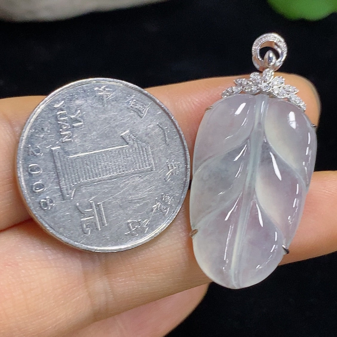 Jadeite leaf pendant with 18k gold and diamond accents, HKHQ necklace, approximately 4.5g, elegant jewelry accessory