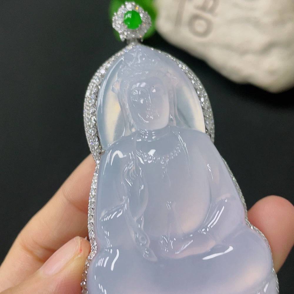 Jadeite Guanyin pendant with diamond accents, 18k gold, featuring intricate inlaid jade design, weighs approximately 56.27 grams.