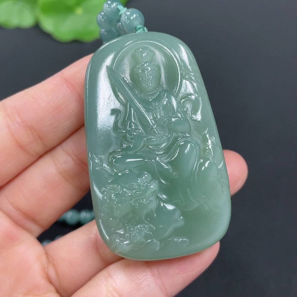 Huiliu Hetian jade pendant featuring Manjushri Bodhisattva design, handcrafted and certified jade jewelry for spiritual elegance.