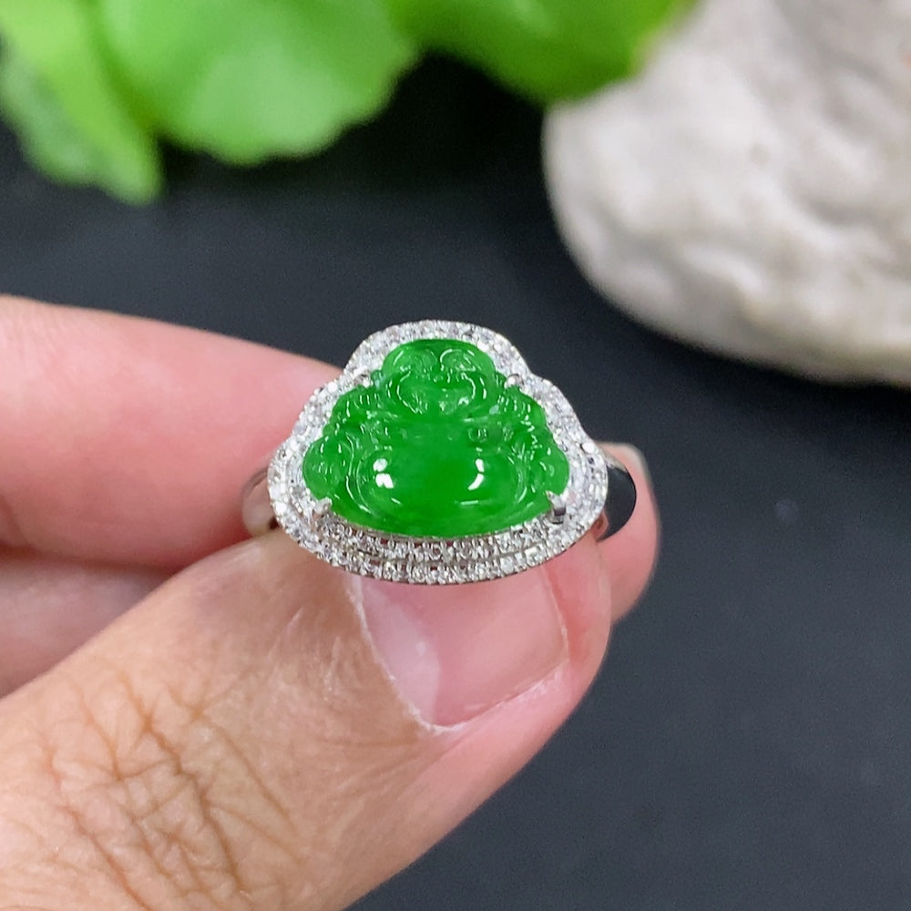 Jadeite Buddha inlaid ring with 18k gold and diamonds, size 14, featuring intricate design and detailed craftsmanship.