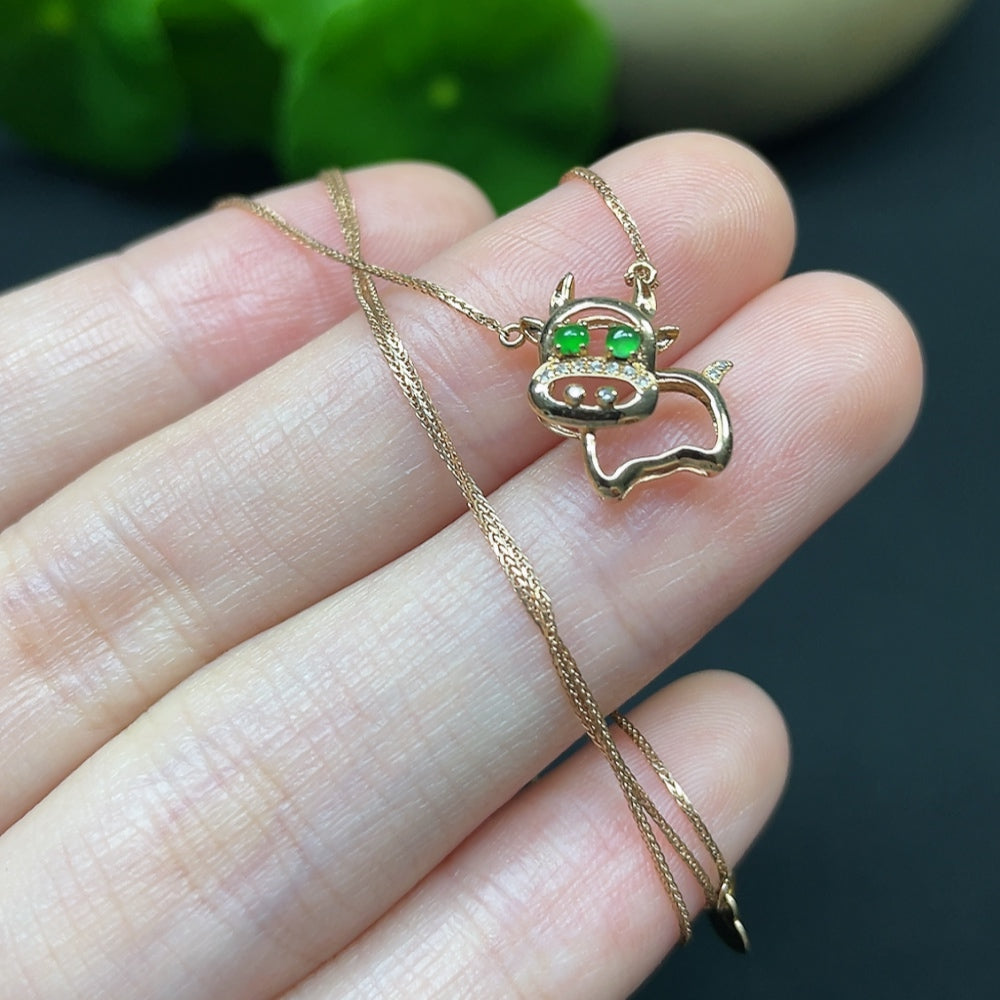Jadeite Cabochon Pendant Necklace with 18K Gold and Diamond Accents, Total Weight Approximately 1.34g Including Chain