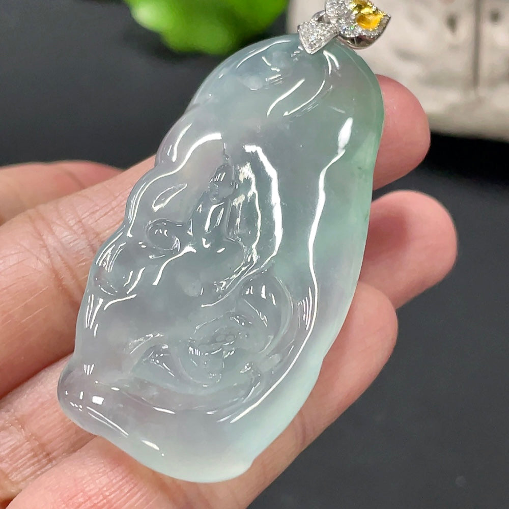 Jadeite Formless Guanyin Pendant with 18K Gold Clasp, Total Weight Approx. 21.66g