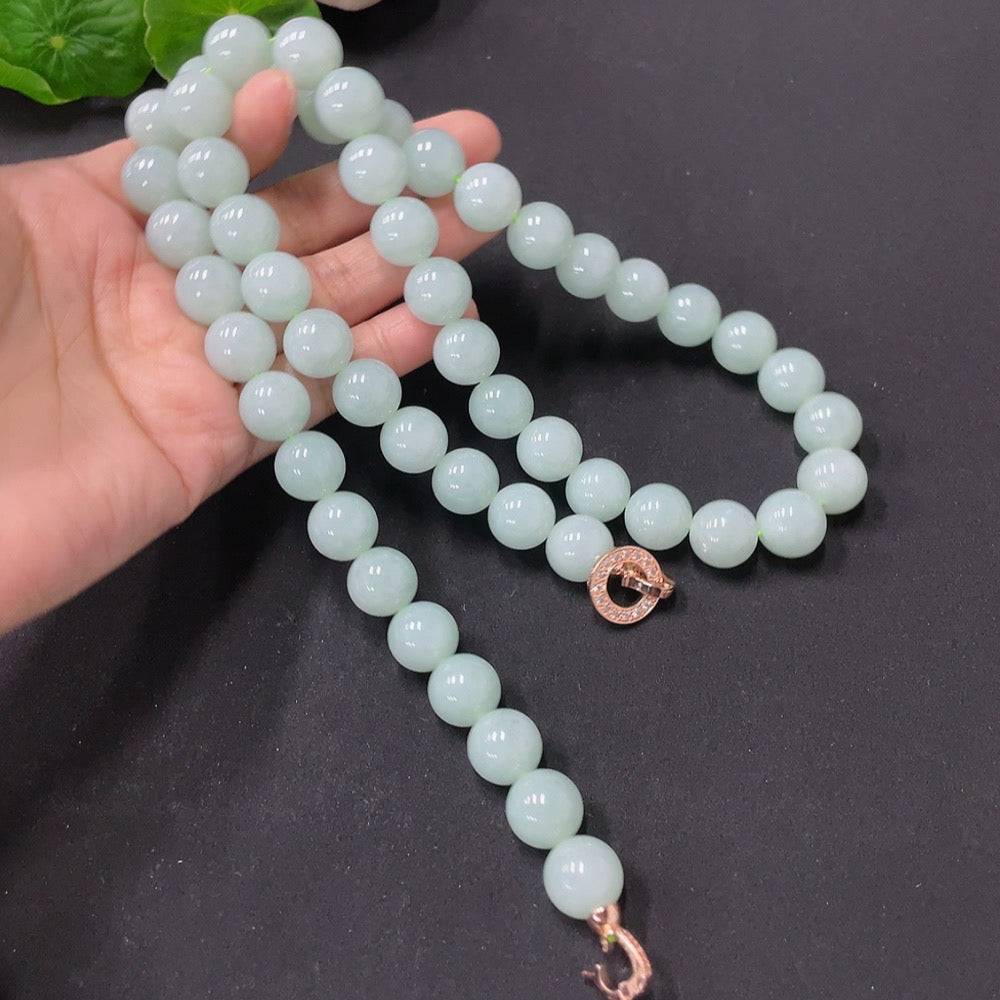 Huiliu Jadeite bead necklace with 11.5mm round jade beads, certified high-quality jade jewelry.