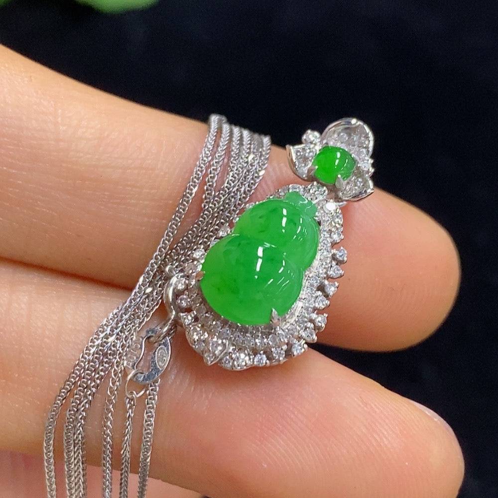 Huiliu Jadeite gourd pendant with diamond accents on chain, featuring inlaid jade design and certified quality.