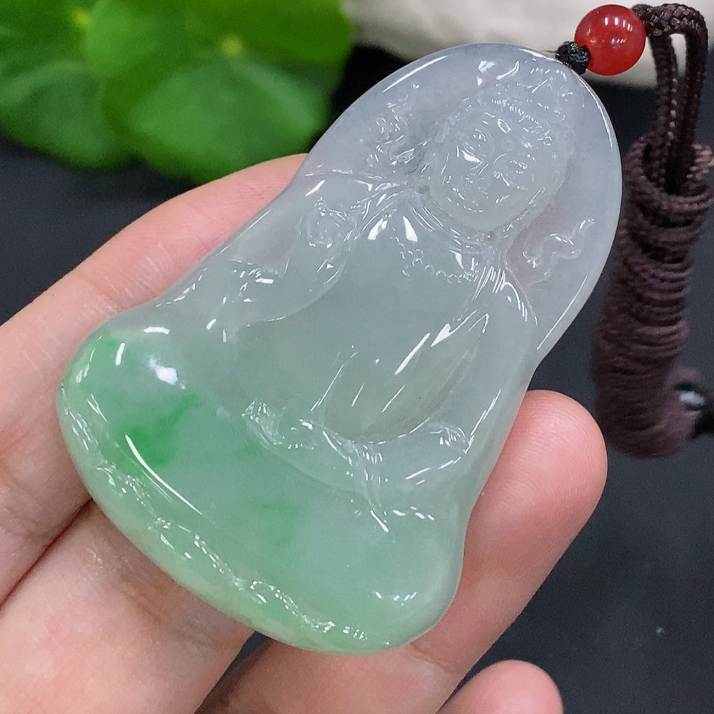 Jadeite Guanyin pendant from HUILIU HQ, featuring intricate carved design, weighing approximately 20.1 grams, with matching stones.
