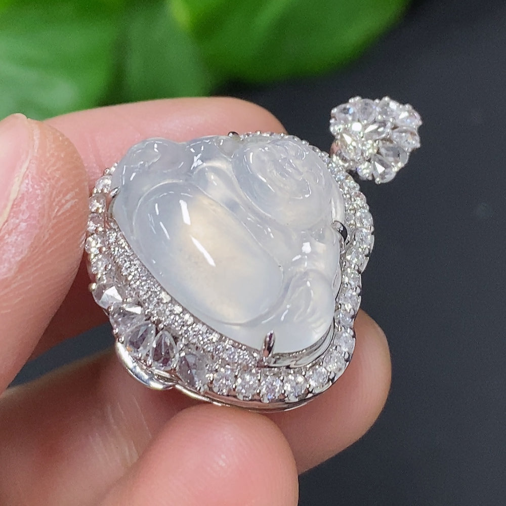 Jadeite Buddha Pendant with 18K Gold Setting, Total Weight Approx. 7.7g (Accented with Diamonds)