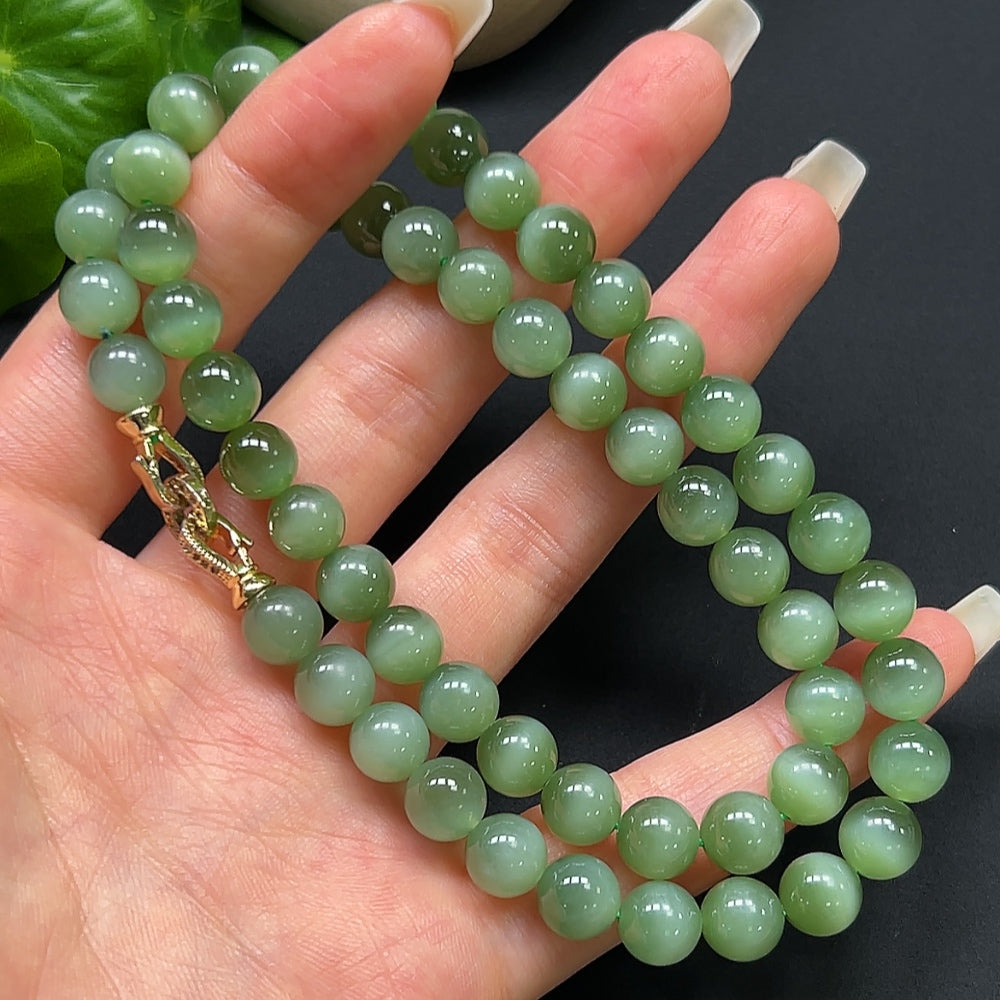 Hetian jade bead chain necklace with 8mm non-gold beads, stylish and elegant jewelry by HKHQ.