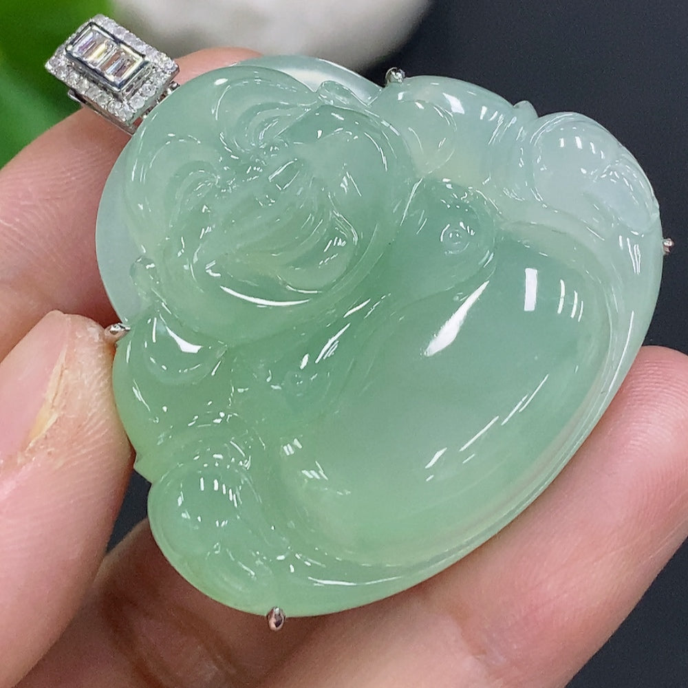 Jadeite Buddha Pendant with 18K Gold Setting, Total Weight Approx. 24.9g (Accented with Diamonds)
