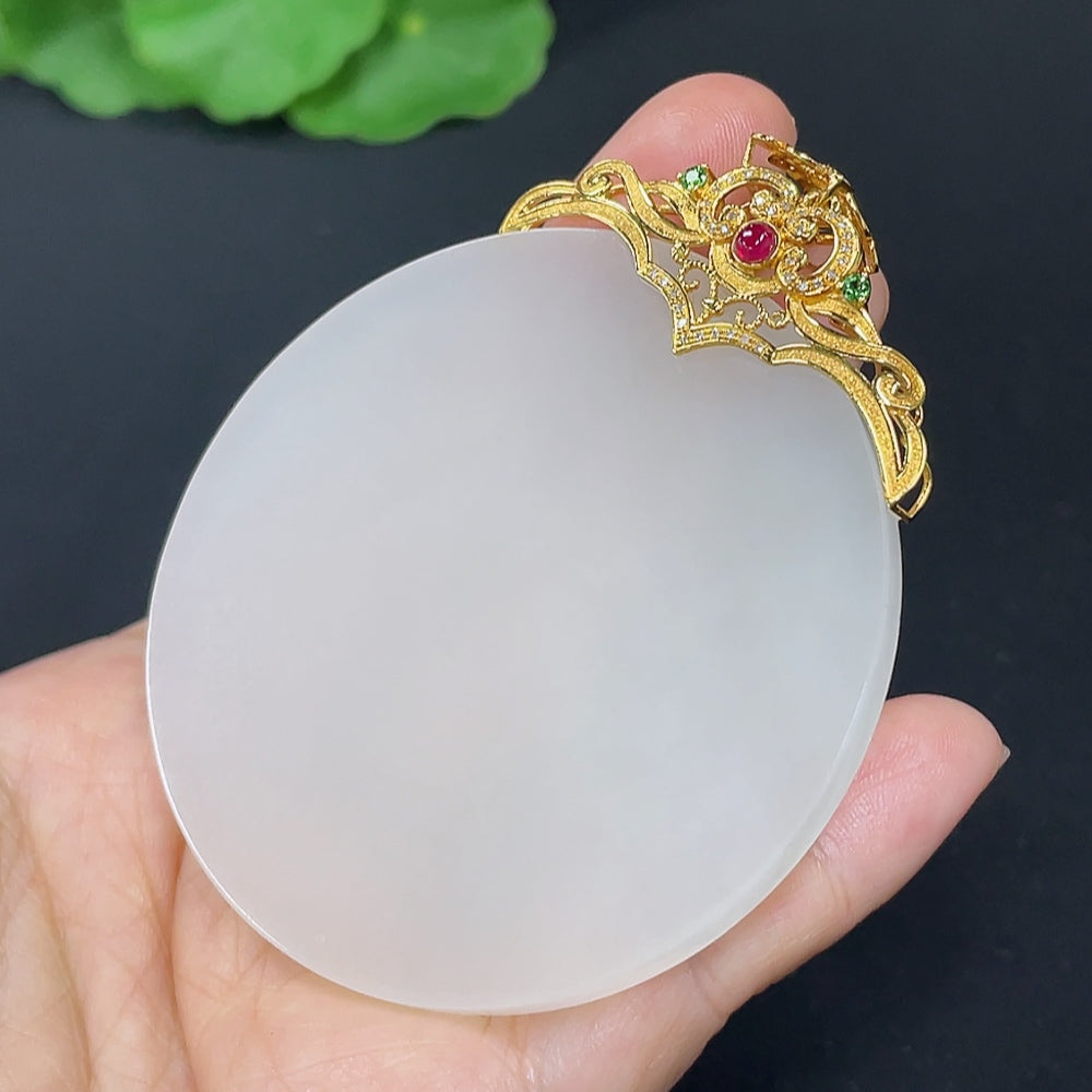 Hetian Jade Inlaid Plain Pendant 18k Gold Set with Colorless Diamonds