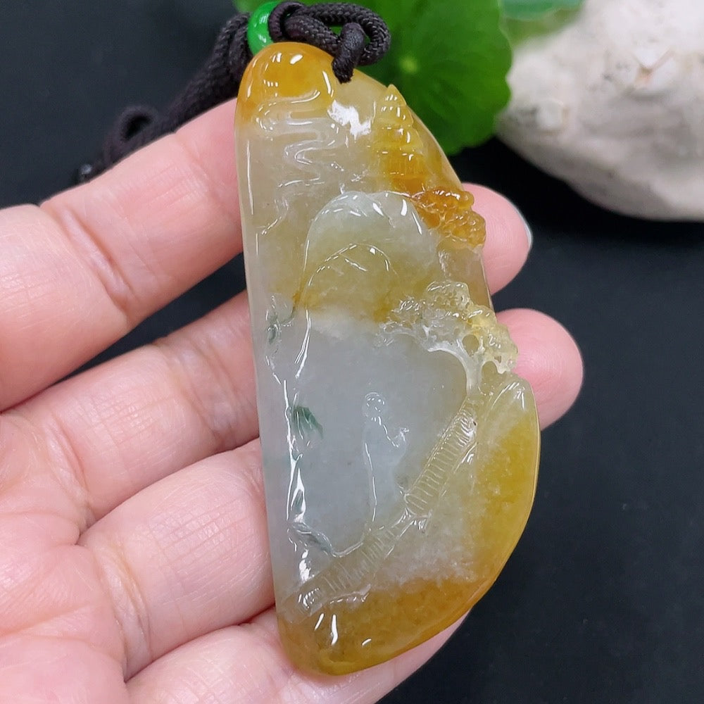Jadeite landscape plaque pendant, total weight approx. 34.4g (including cord weight) (color origin undetermined)