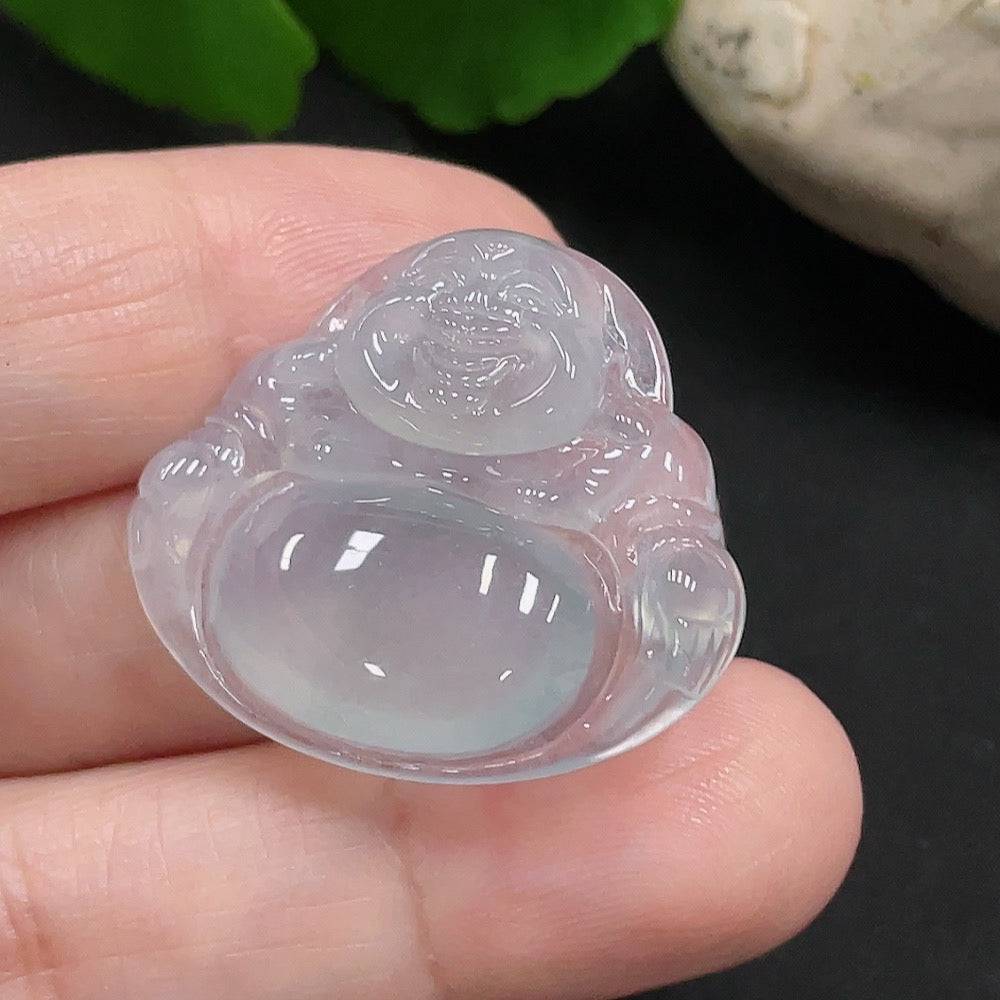Jadeite Buddha pendant with smooth green jade surface, carved in a peaceful Buddha figure, from HUILIU HQ.