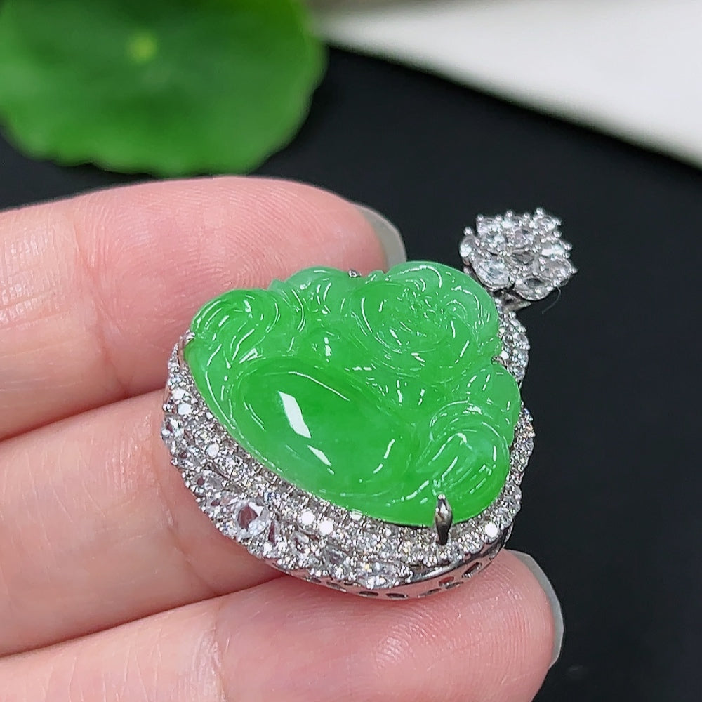 Jadeite Buddha Pendant 18K Gold (with minimal diamond accents)