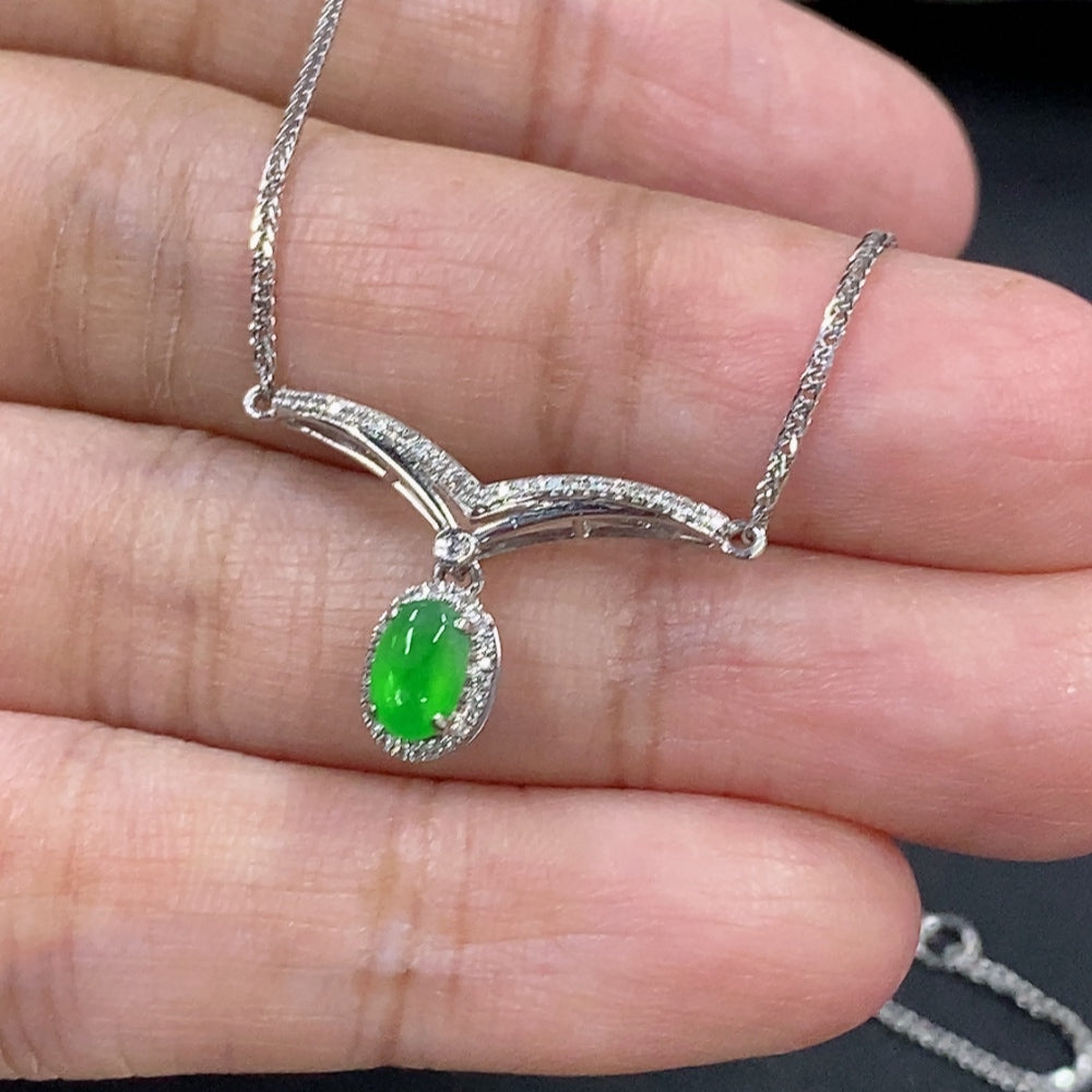 Jadeite Cabochon Pendant Necklace with 18K Gold and Diamond Accents